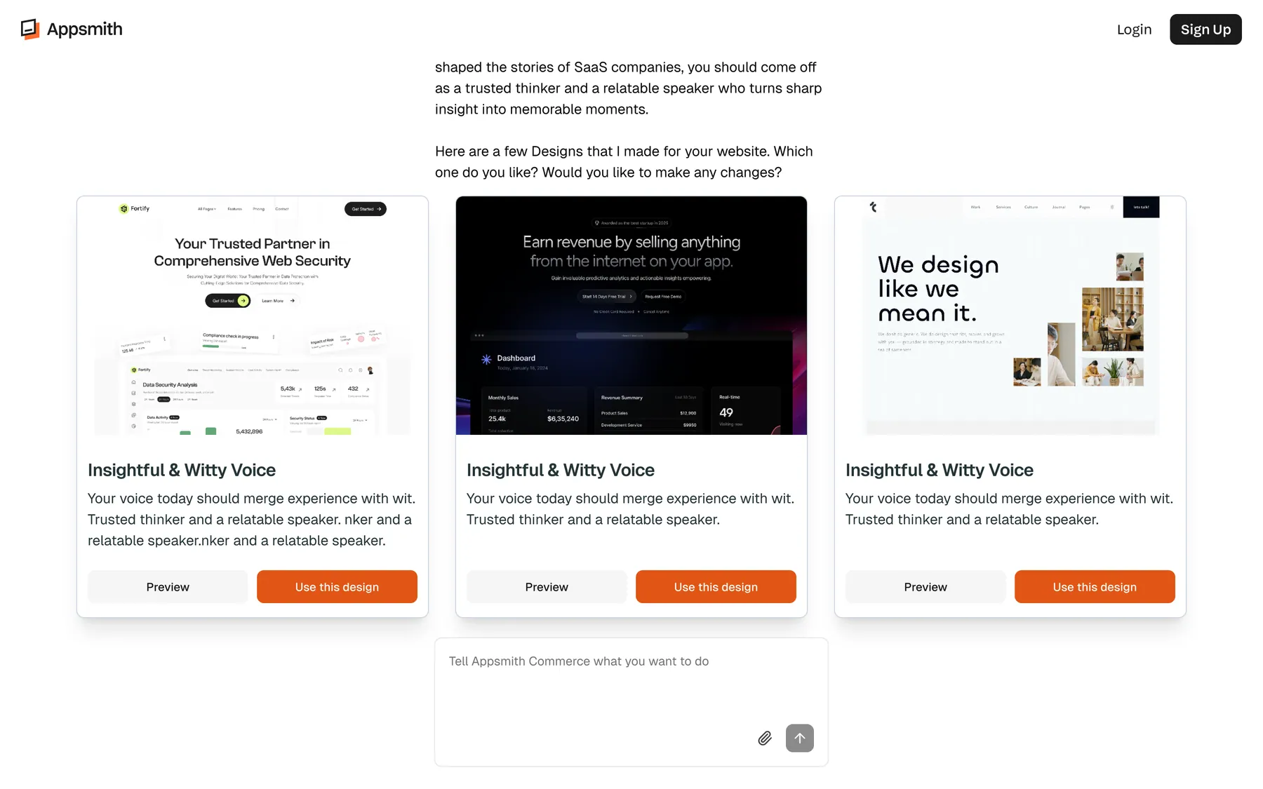 A generated website direction users could choose from
